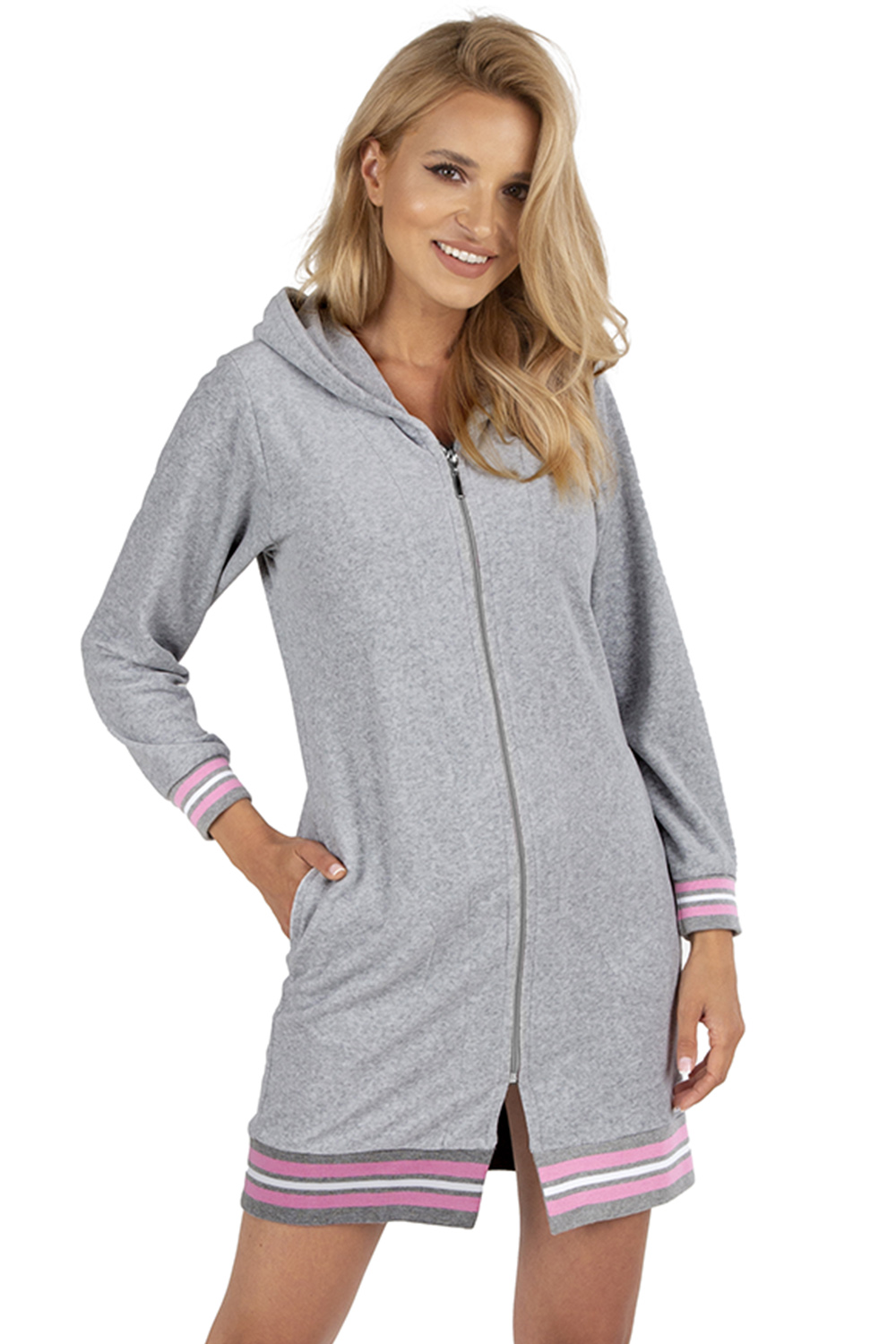 Vivisence Robe Cotton with Zipper Fastening and Cuffed Sleeves 5018, grey-plik