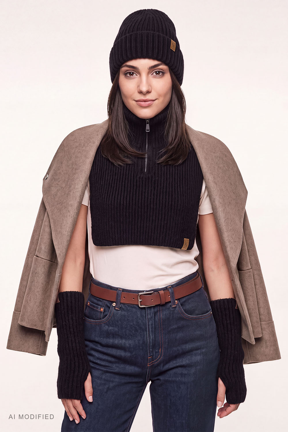 Vivisence Femme bonnet hiver côtelé revers chaud, noir