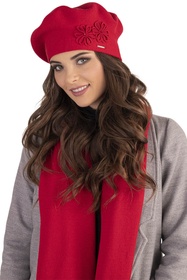 Vivisence Elegant Women's Winter Set Beret And Scarf With Classic Design And Floral Decoration Made Of Warm And Soft Fabric With Wool Blend Ideal For Cold Winter Days, Red