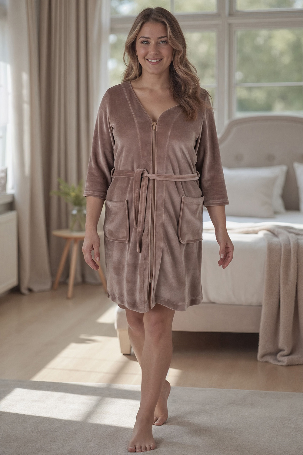 Vivisence Dressing Gown Cotton Zipper and Belt Pockets Home Comfort 5011, beige