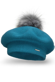 Vivisence Women Beret Wool Blend Faux Fur Pompom Elegant Warm Winter Hat 7035, turquoise