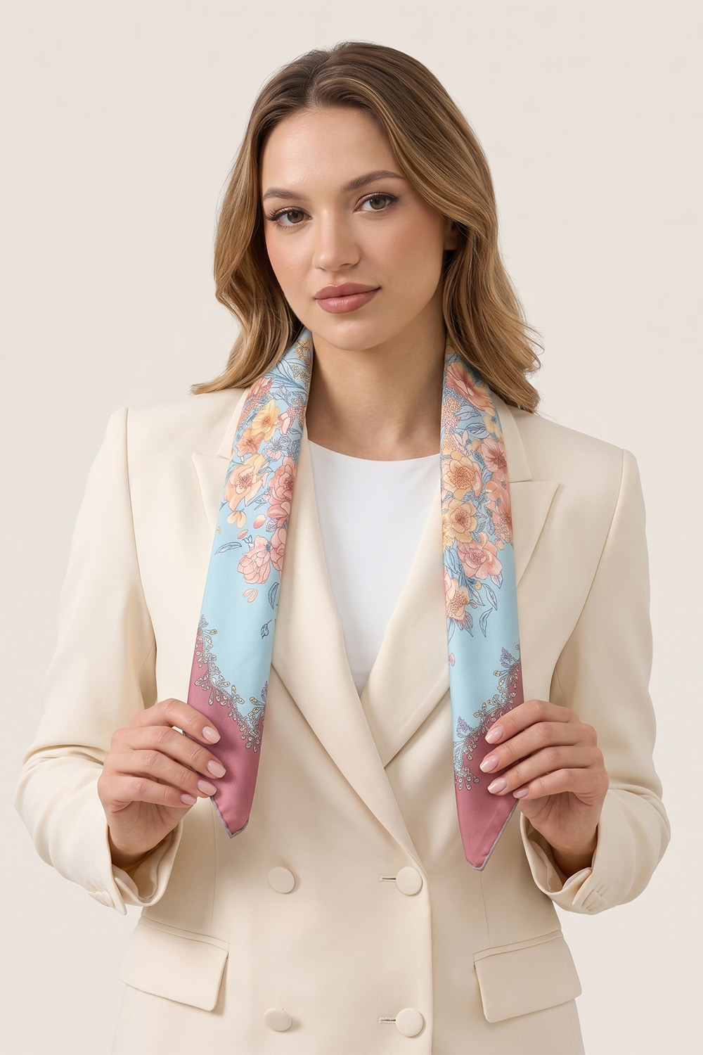 Vivisence Damen Seidentuch Handgerollte Kanten Quadratisch Vielseitig Sanft, hellblau/rosa