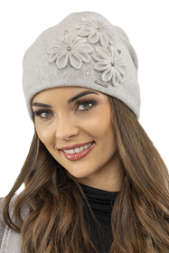Vivisence Women's Winter Hat Wool With Floral Applique Warm Antistatic 7053, light grey