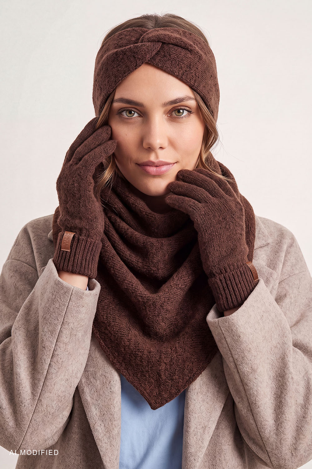 Vivisence Femme ensemble hiver bandeau écharpe gants maille douce, brun