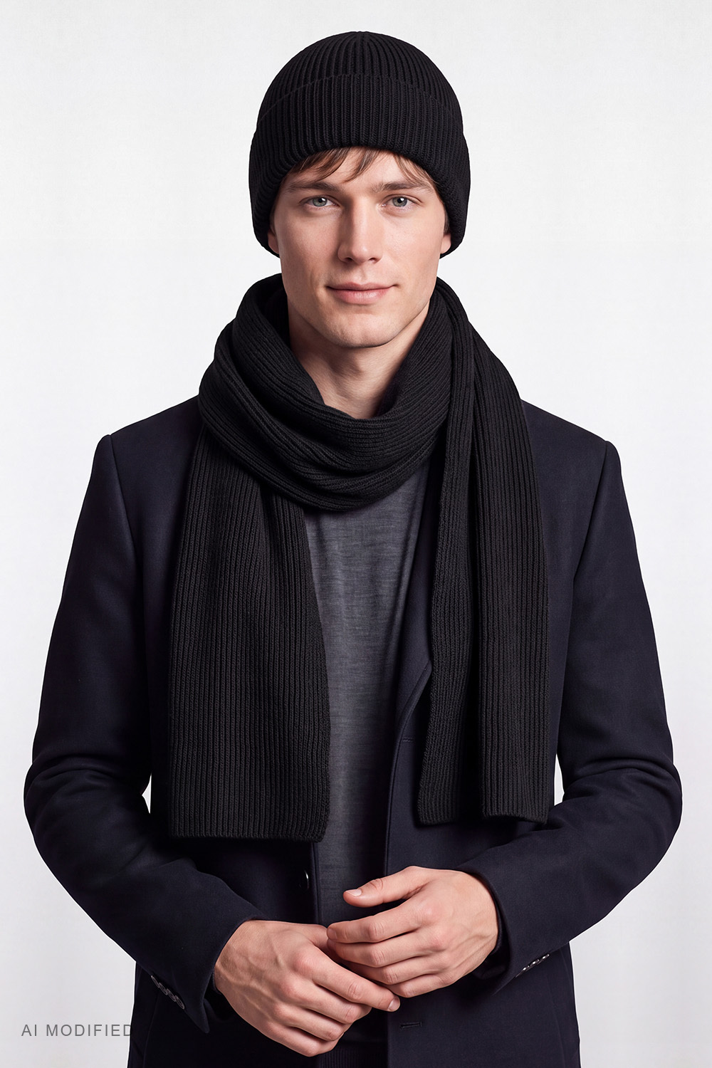 Vivisence Herren Set Mütze Schal Wolle Strick warm für Winter Alltag, schwarz
