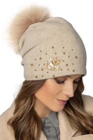 Vivisence Women's Pom Pom Hat Wool Handcrafted Virgin Wool 7079, beige