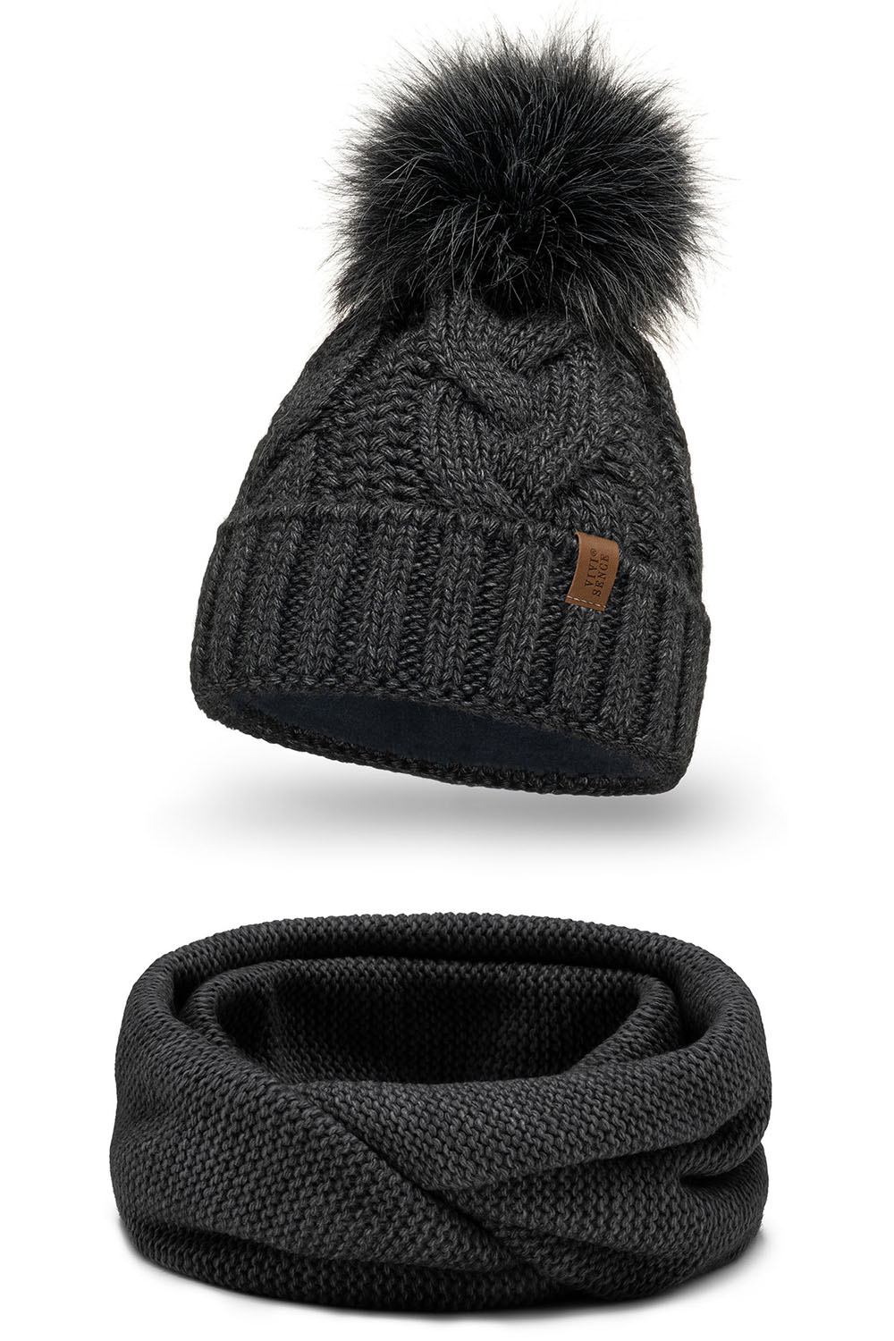 Vivisence Stylish Women's Winter Set Including Pompom Hat And Cozy Snood Scarf Made From Soft And Warm Fabric Smooth Fleece Lining Ideal For Cold Days, dark grey