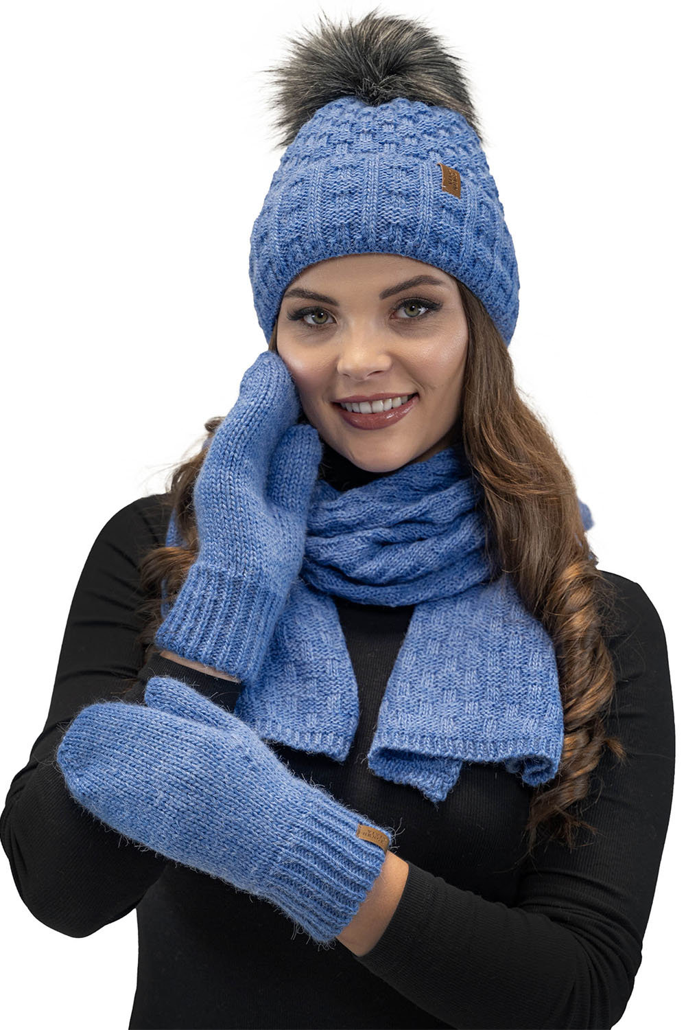 Vivisence Damen Mütze Bommel Warm Fleece Gefüttert Strick Winterstyle 7015, jeans