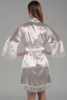 Vivisence Damen Negligé Satin Kurz Kimonoärmel Spitze Bindegürtel Elegant 5032, ecru