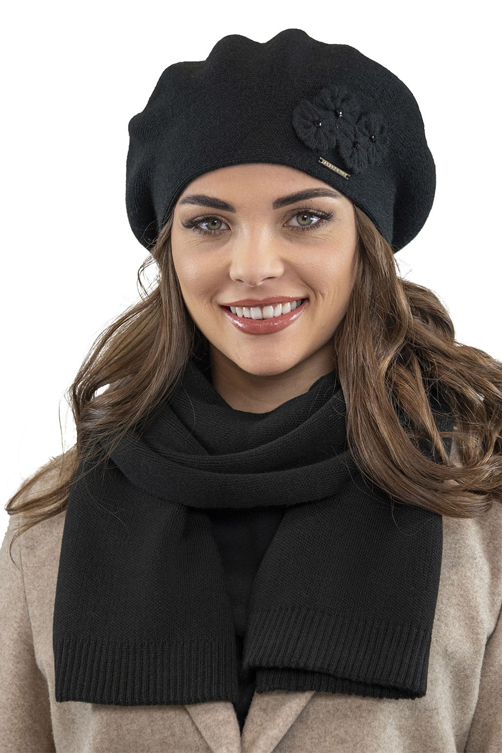 Vivisence Baskenmütze Damen Elegant Blume Warm Herbst Winter Accessoire 7006, schwarz
