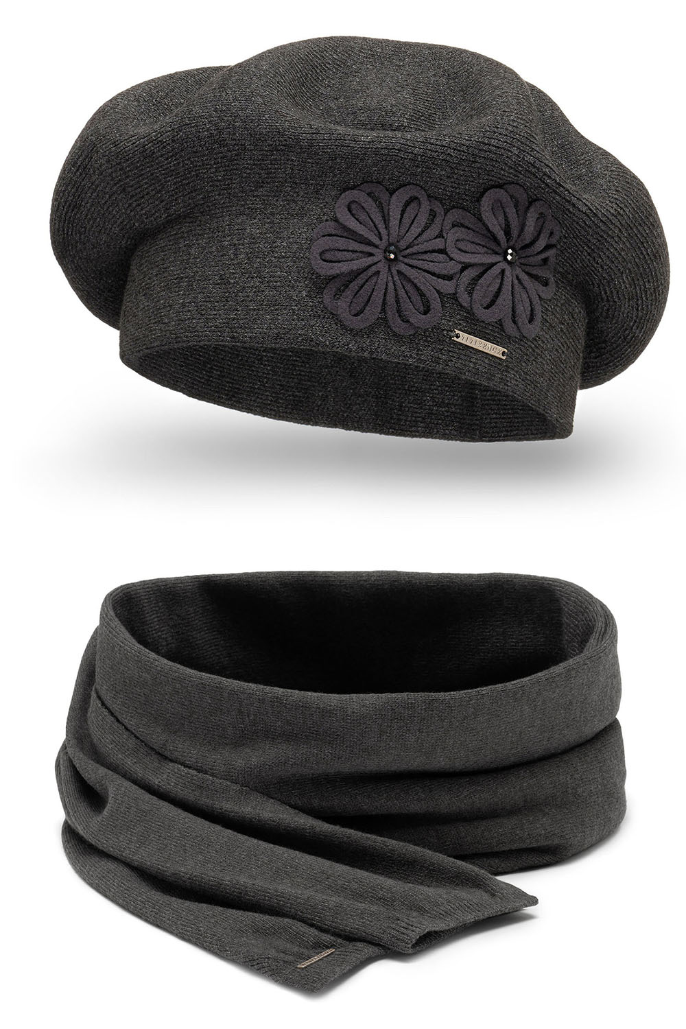 Vivisence Damen Baskenmütze Schal Set Wolle Blumenapplikation Warm Elegant 7007, dunkelgrau