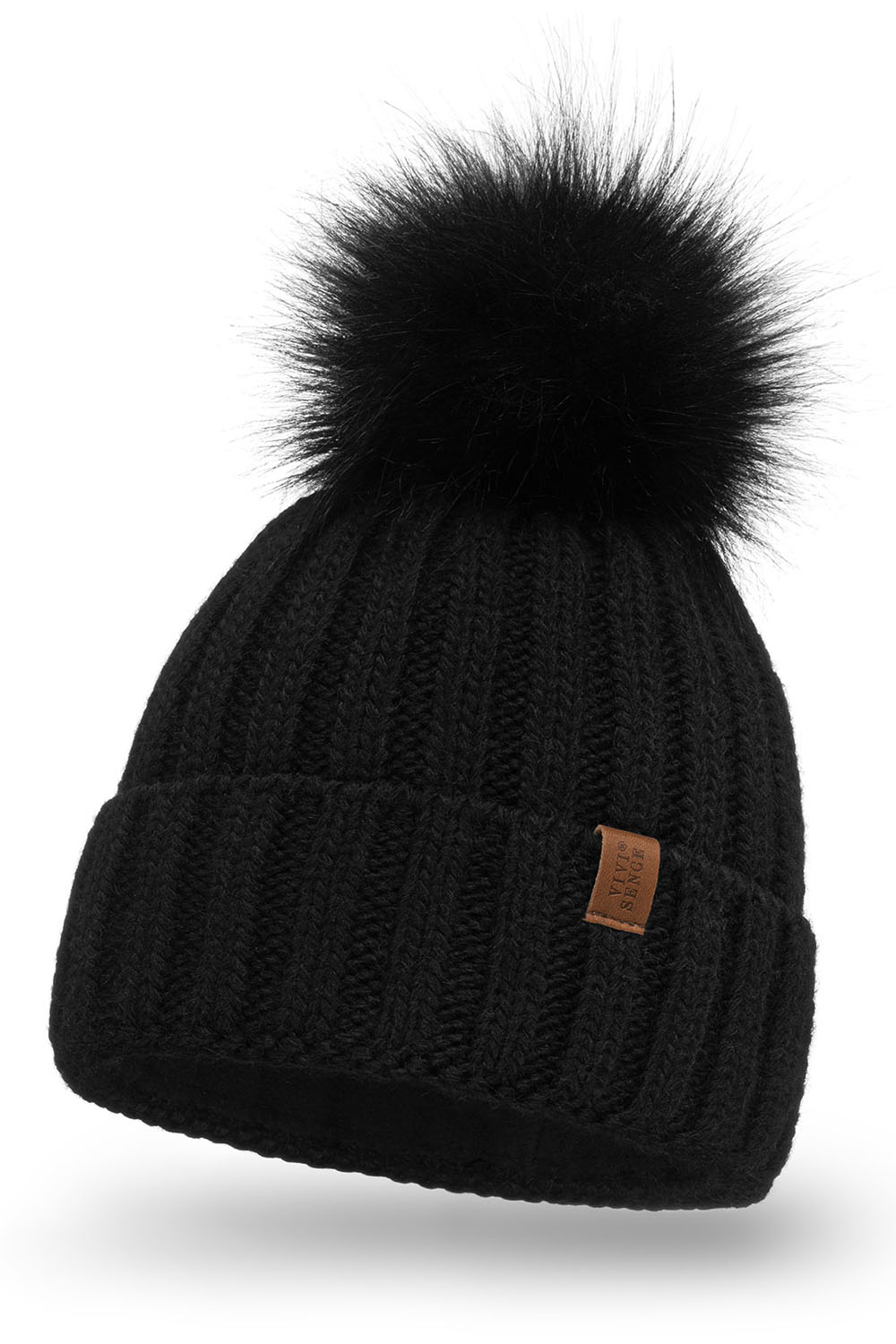Vivisence Damen Bommelmütze Winter Fleecefutter Bommel Perfekte Passform 70100, Schwarz