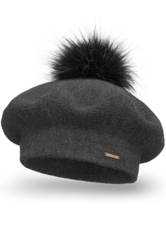 Vivisence Béret Femme Pour L'automne et L'hiver Avec Pompon En Fausse Fourrure Tricoté En Laine Acrylique Doux Chaud Et Confortable Idéal Classique Et Élégant 7035, gris foncé