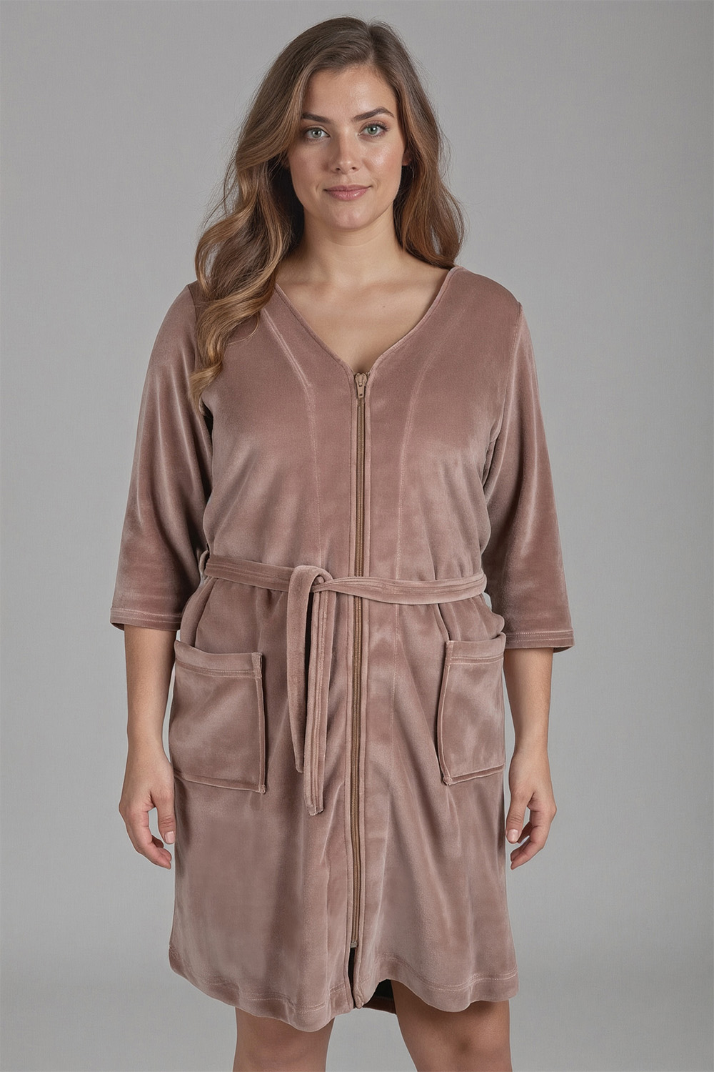 Vivisence Morgenmantel Baumwoll Reißverschluss Gürtel Taschen Für Zuhause Komfort 5018, beige