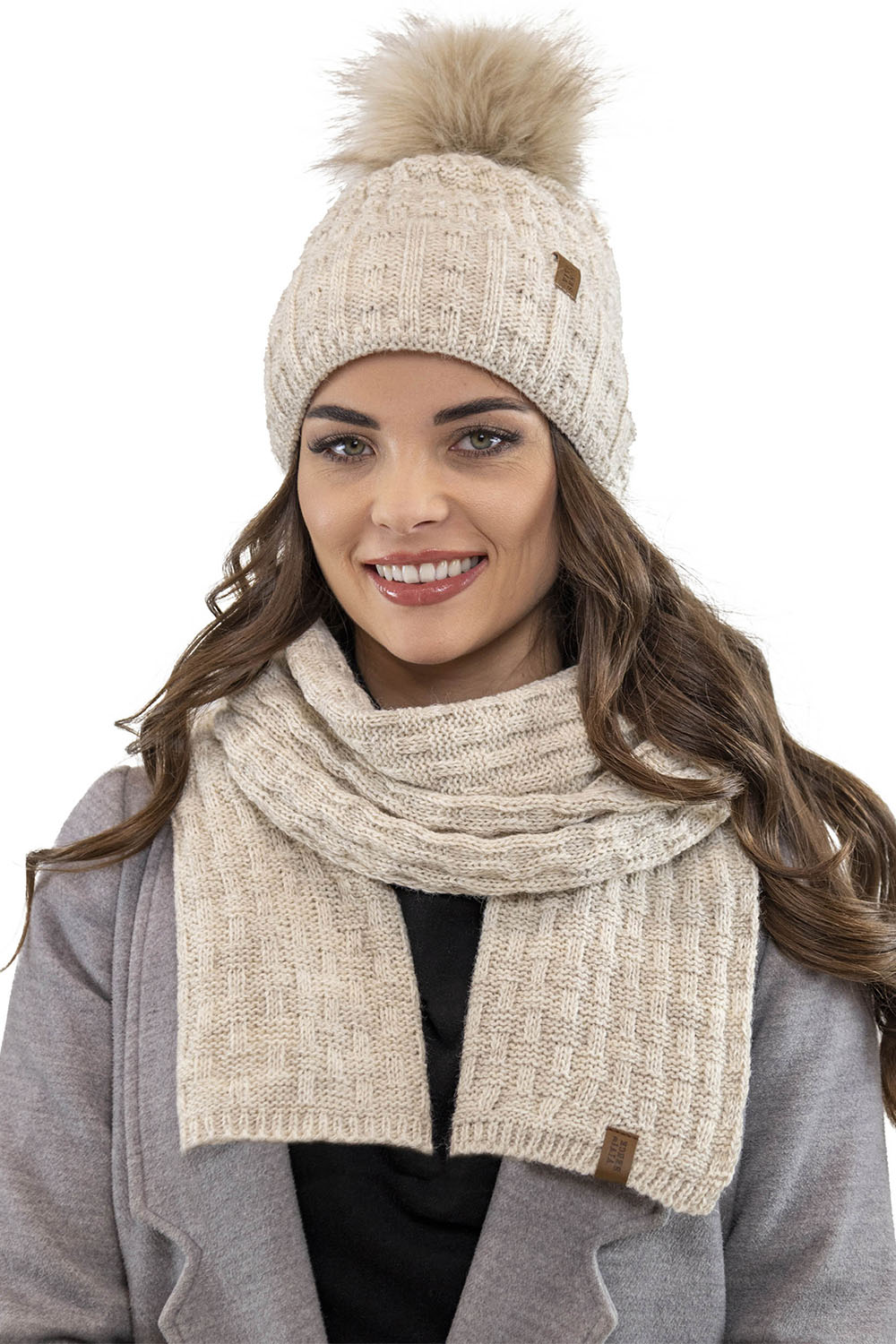 Vivisence Pom Pom Hat For Women Fleece Lined Knitted Winter Style 7015, beige