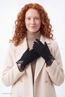 Vivisence Women’s Knitted Gloves Wool Blend Genuine Leather Trim, black