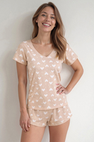 Vivisence Pyjama Femme Jersey Coton Doux Col En V Confort Nuit Manches Courtes, beige clair
