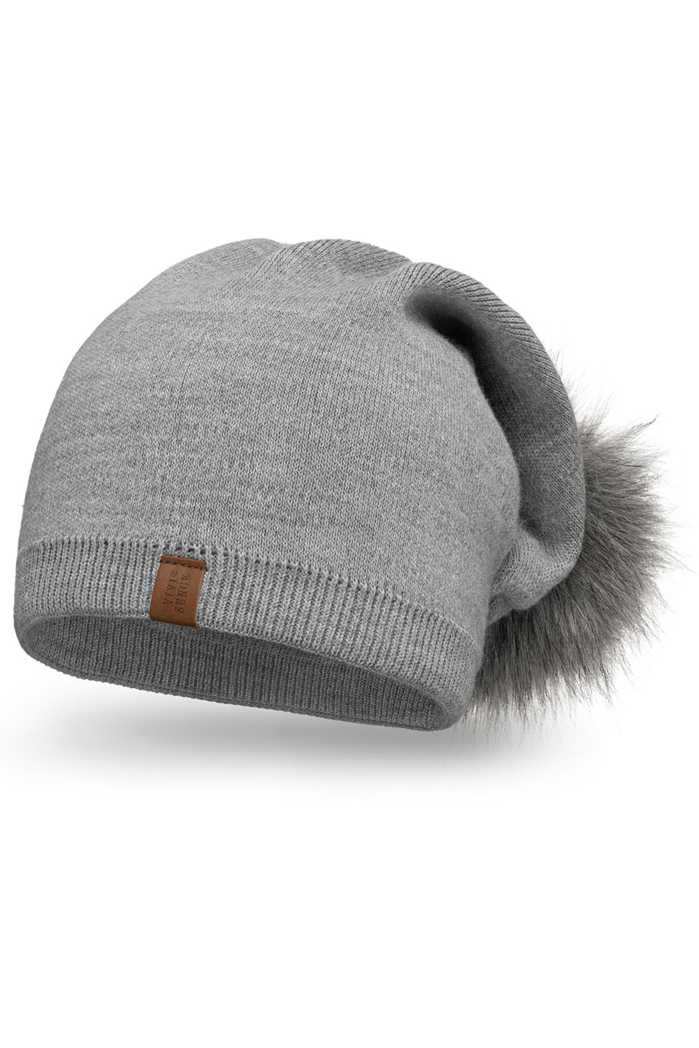 Vivisence Women's Pom Pom Hat Classic Style Extended Fit 70105, light grey