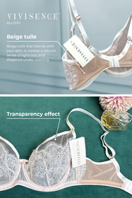 Vivisence Soutien-Gorge Sans Rembourrage Dentelle Florale Maille Transparente Bonnets Entiers Avec Armatures Bretelles Réglables Lingerie Élégante Cadeau Femme 1070, blanc