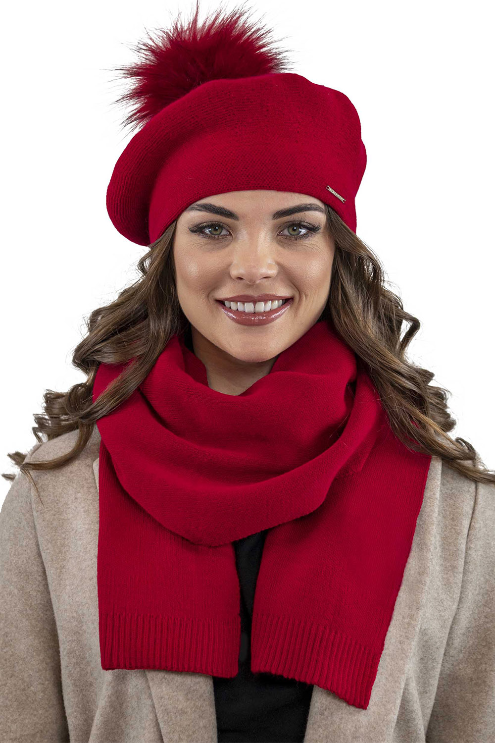 Vivisence Damen Baskenmütze Schal Set Bommel Wolle Warm Elegant Winter 7035Kmpl, rot