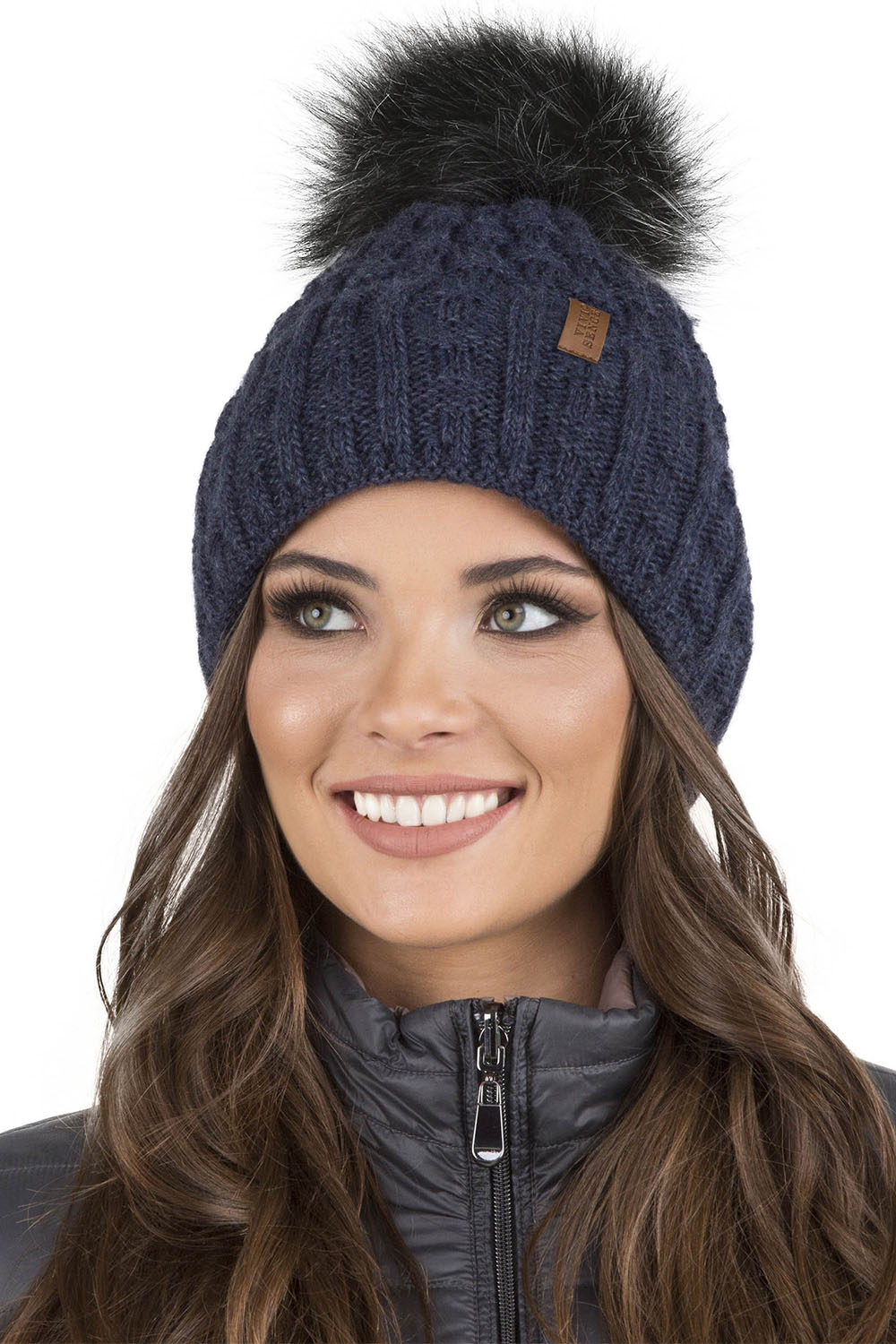 Vivisence Pom Pom Hat For Women Fleece Lined Knitted Winter Style 7015, dark blue