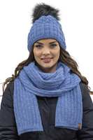 Vivisence Femme Ensemble Bonnet Pompon Écharpe Moufles Chaud Hiver Élégant, bleu denim