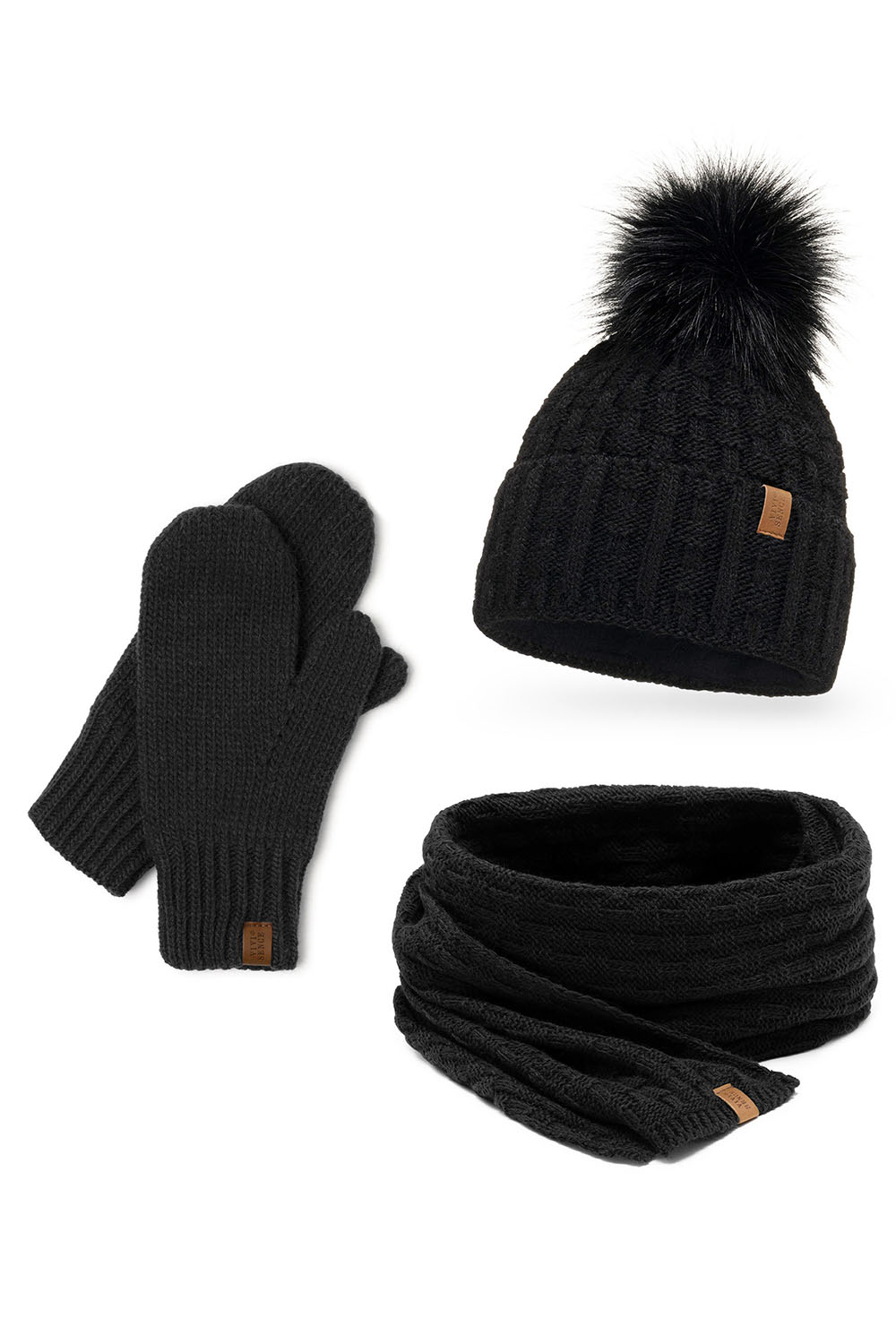 Vivisence Femme Ensemble Bonnet Pompon Écharpe Moufles Chaud Hiver Élégant, noir