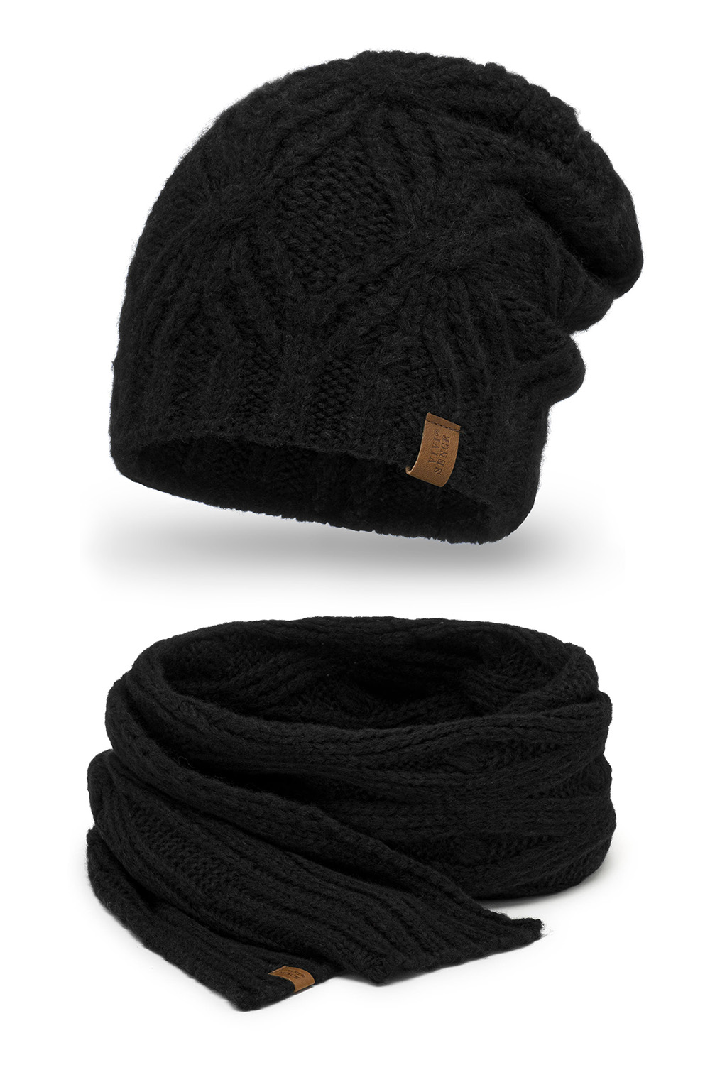 Vivisence Women Winter Hat And Scarf Set Lambswool Cotton Soft Knit Cozy Warmth, Black