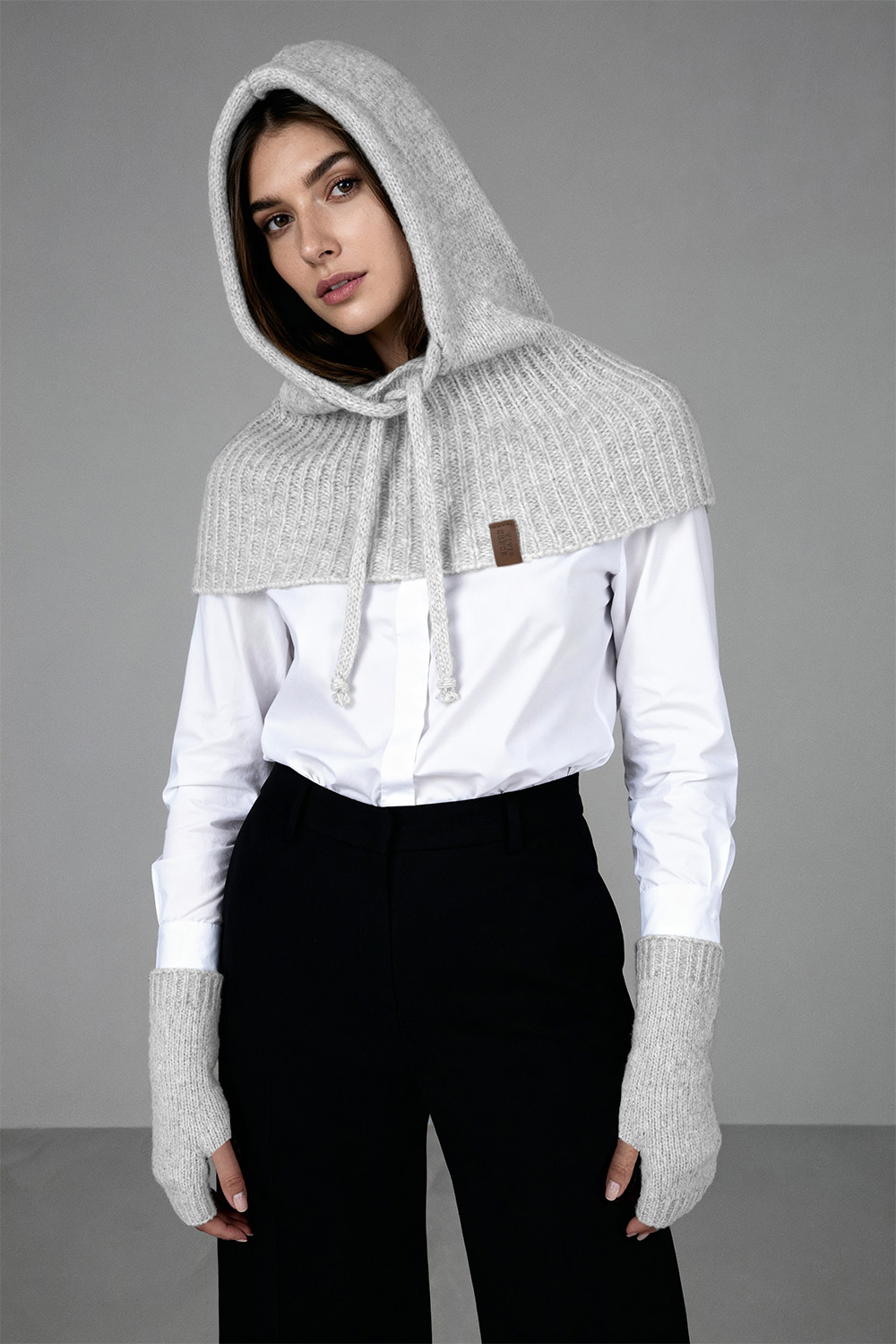 Vivisence Damen Kapuze Und Handstulpen Set Merino Baumwolle Warm für Wintertage, Grau