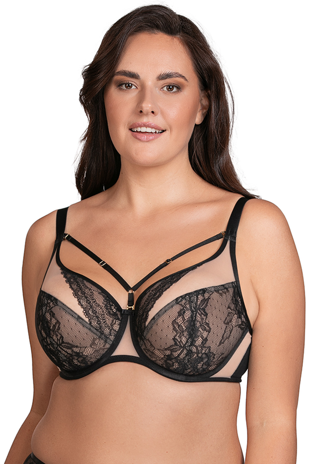 Vivisence Soutien-Gorge Femme Non Rembourré à Armatures Dentelle Florale Jacquard Gasa Bandes Déco Bretelles Réglables Sexy Élégant Lingerie Quotidienne, noir