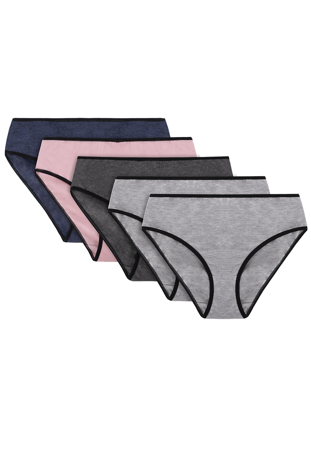Vivisence Woman Briefs Cotton Midi Bikini Smooth Underwear 4016 5-Pack, Black Elastic: Grey/Grey/Graphite/Pink/Navy Blue 5-pack