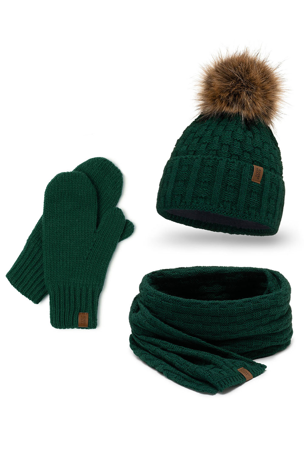 Vivisence Femme Ensemble Bonnet Pompon Écharpe Moufles Chaud Hiver Élégant, vert