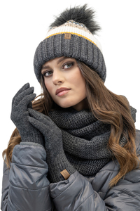 Vivisence Bonnet Cache-Cou Pliable Et Gants Pour Femme L'Automne et L'Hiver Ensemble À La Mode Ajusté Avec Doublure Polaire Antistatique Confortables En Fil Chaud Doux Avec Pompon Écologique 7099 Kmpl, gris foncé