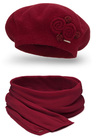 Vivisence Damen Baskenmütze Schal Set Wolle Applikation Lang Warm 7037kmpl, weinrot