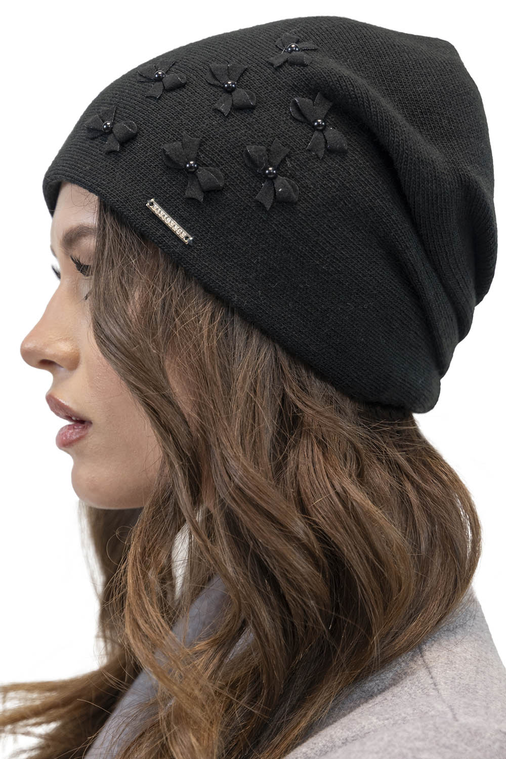 Vivisence Women's Hat Winter Pearls Perfect Fit With Pleats 7089, black