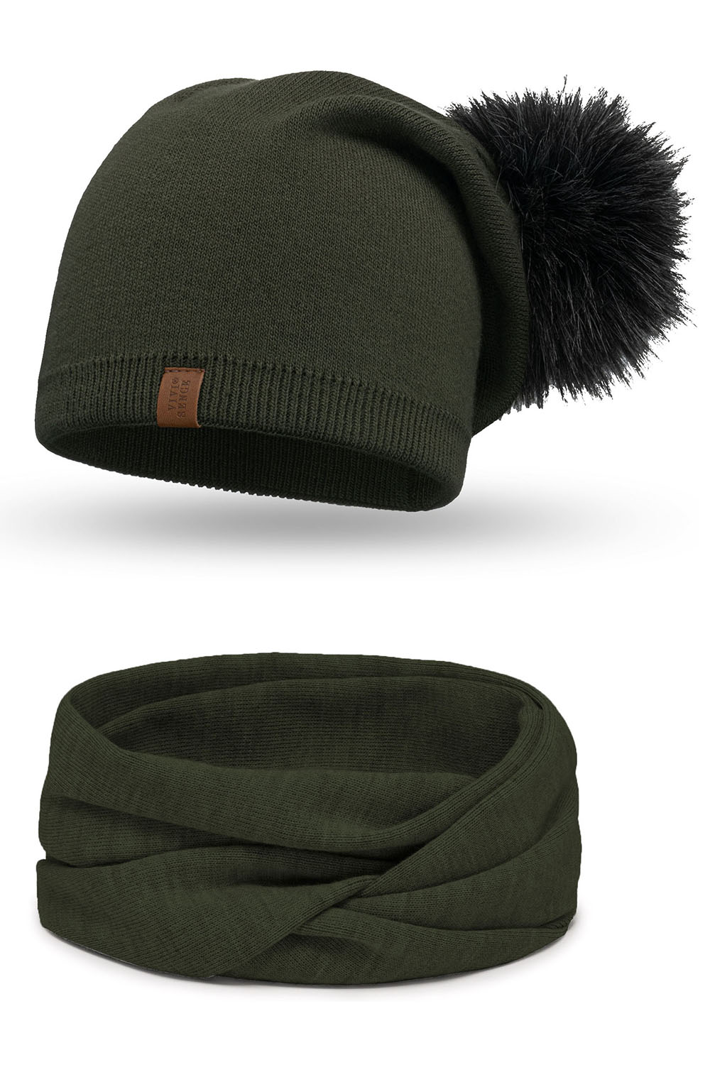 Vivisence Bonnet Pour Femme Et Cache Cou L'Automne et L'Hiver Avec Pompon Tricoté En Acrylique Ensemble Élégant  Écologique Idéal Avec Patch En Cuir Taille Universelle 70105Kmpl, vert
