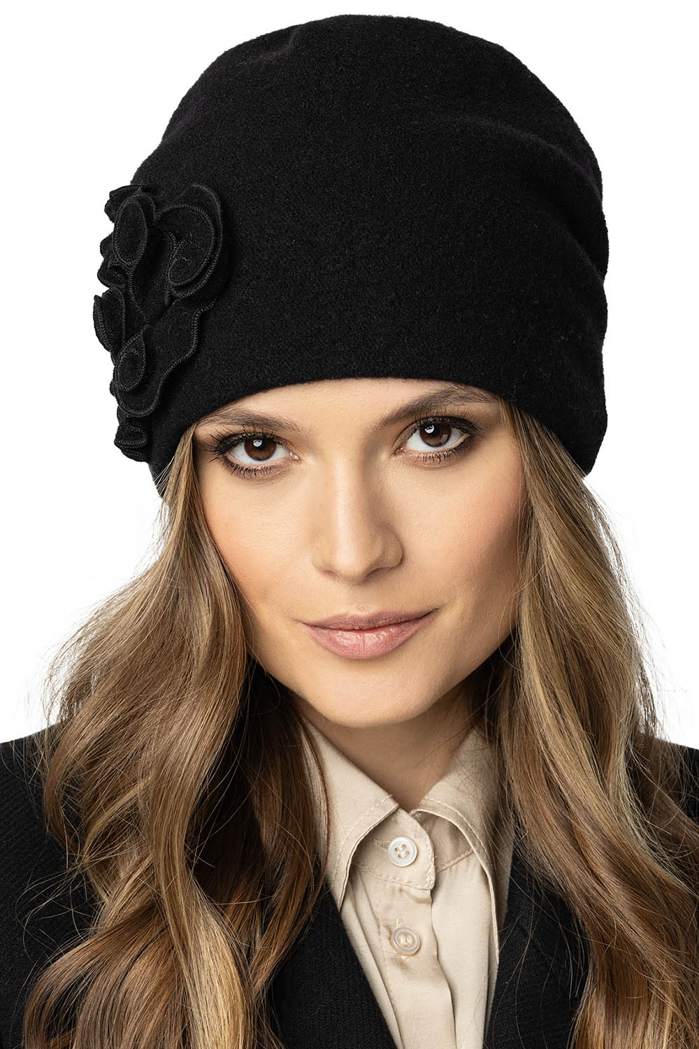 Vivisence Damen Mütze Wintermütze Elegante Warme Schurwolle Handgestickter 7076, schwarz