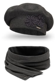 Vivisence Elegant Women's Winter Set Beret And Scarf With Classic Design And Floral Decoration Made Of Warm And Soft Fabric With Wool Blend Ideal For Cold Winter Days, Dark Grey