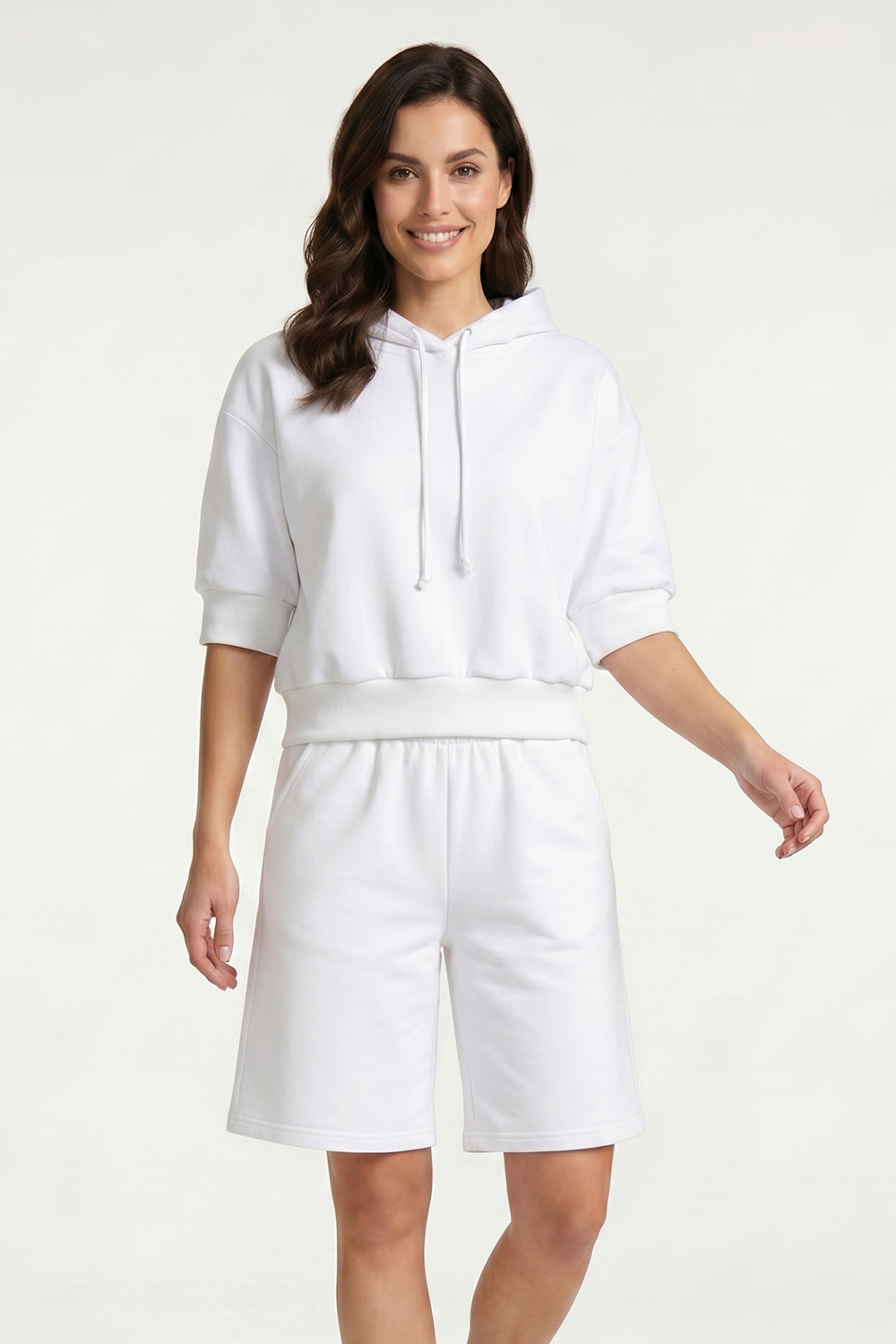 Vivisence Women Loungewear Set Soft Cotton Hoodie and Shorts All Day Ease, white