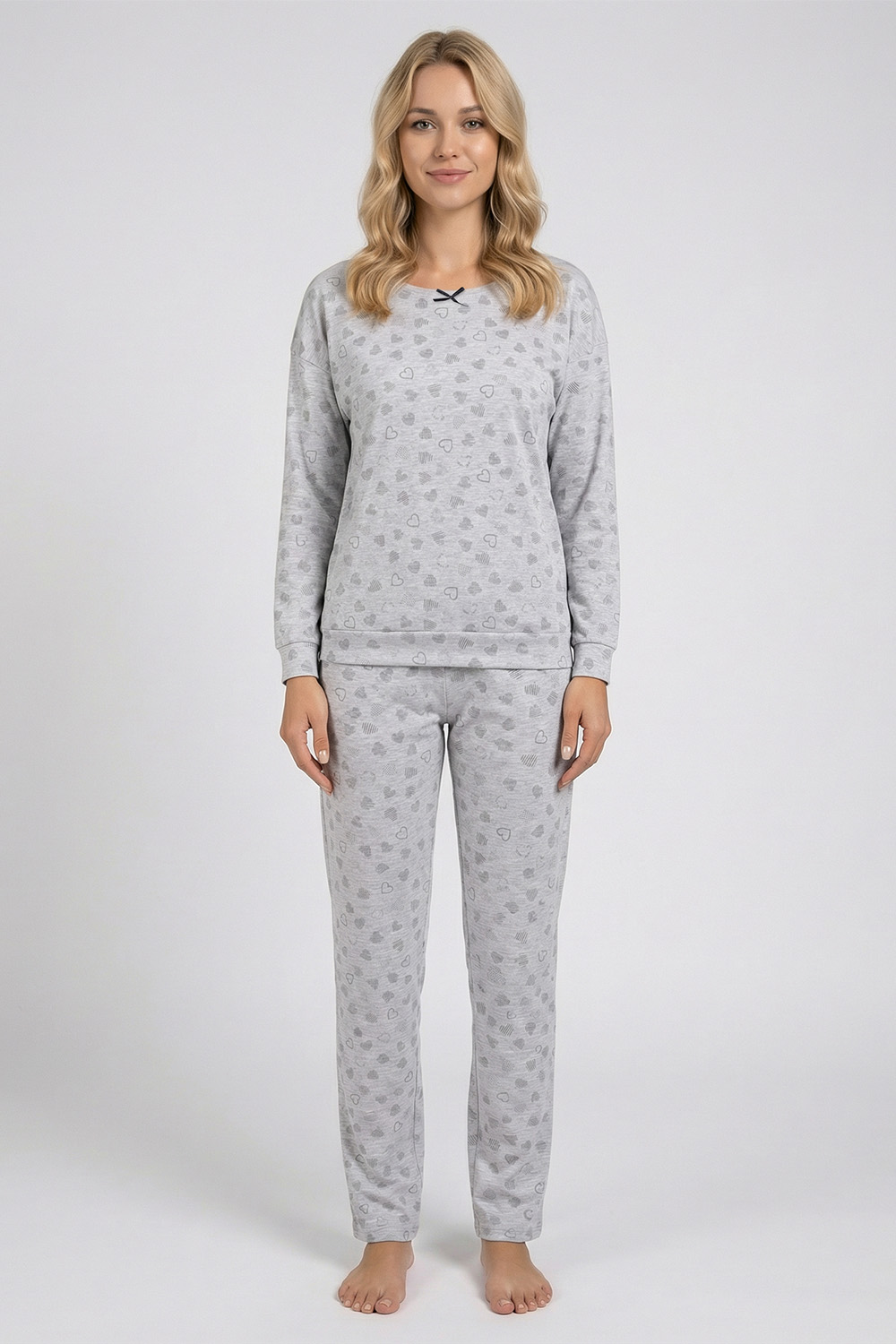 Vivisence Dame Schlafanzug 2-teiliges Set Pyjama Bluse Hose Gemustert Tupfen 2023, Grau