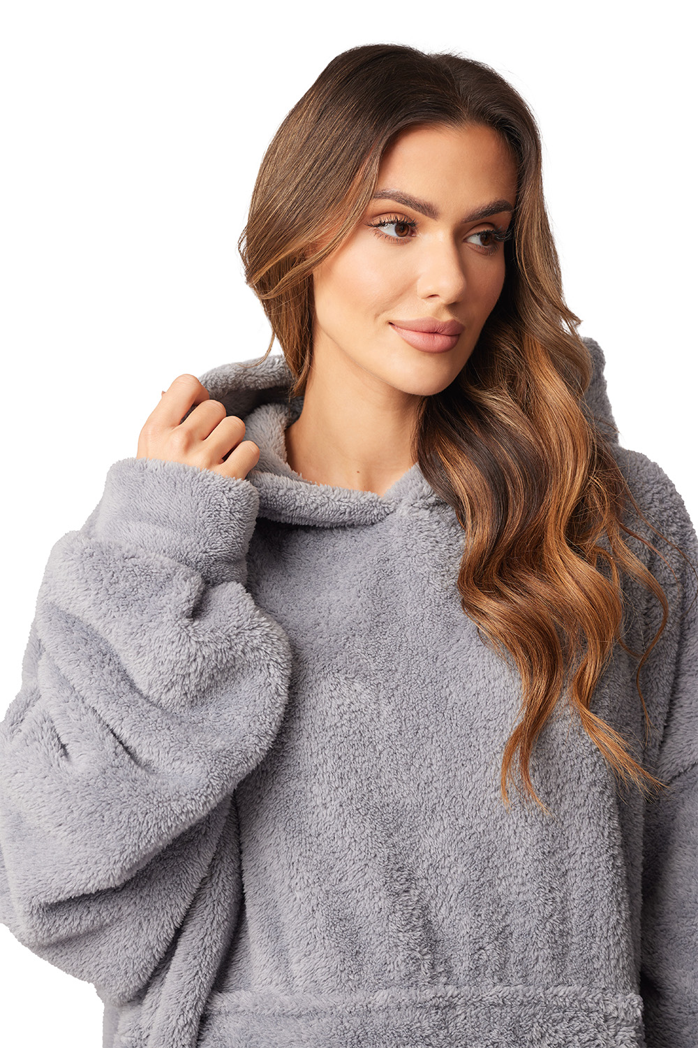Vivisence Damen Bademantel Kapuze Plüsch Oversize Bequem, grau