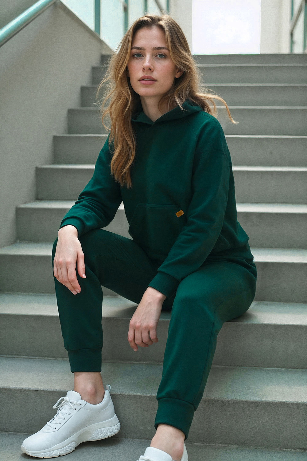 Vivisence Women's Tracksuit Set With Loose Hoodie And Tapered Trousers Stylish Activewear Featuring Elastic Waistband Side Pockets And Ribbed Trims For Daily Comfort, Green
