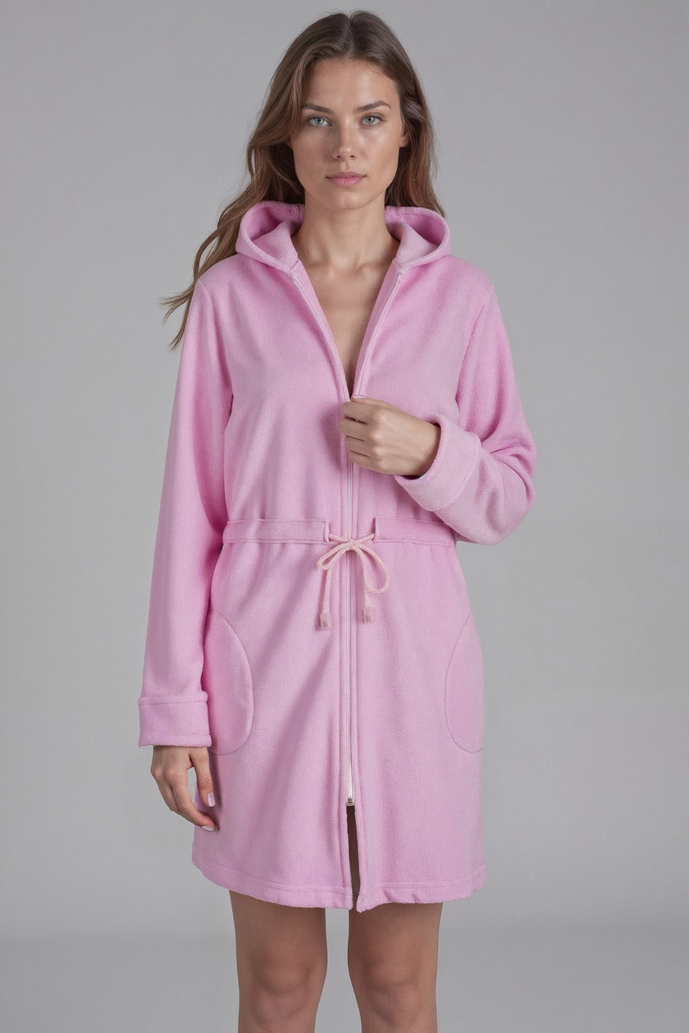 Vivisence Peignoir Femme Court Zippé Capuche Poches Doux Confort Maison 5012, rose