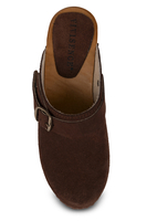 Vivisence Damen Clogs aus Wildleder, Holzsohle, geschlossen mit Schnalle, bequem für Alltag und Büro, dunkelbraun 