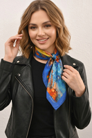 Vivisence Carré de Soie Femme 65 x 65 cm, Foulard en Soie Naturelle 14 Momme, Bords Roulottés à la Main, Motif Artistique Bleu/Orange, Bleu/Orange