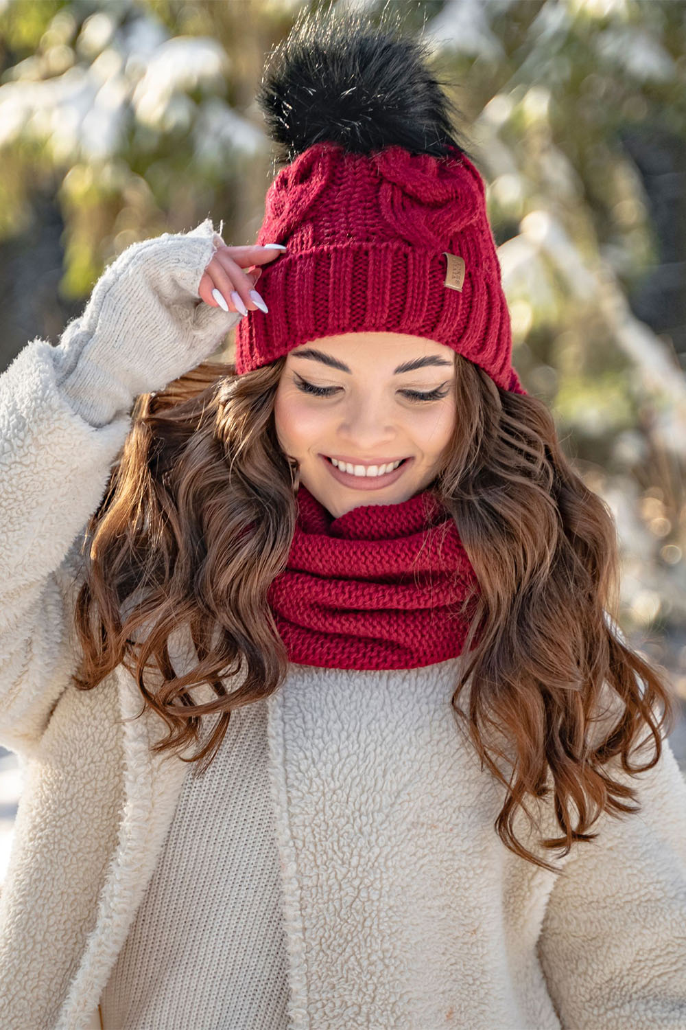 Vivisence Stylish Women's Winter Set Including Pompom Hat And Cozy Snood Scarf Made From Soft And Warm Fabric Smooth Fleece Lining Ideal For Cold Days, maroon