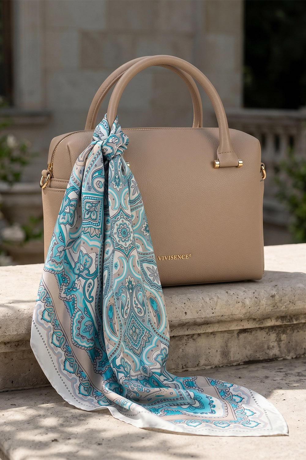 Vivisence Damen Seidentuch Seide 90x90 cm Quadratisch Vielseitig Styling Für Den Alltag, türkis/beige