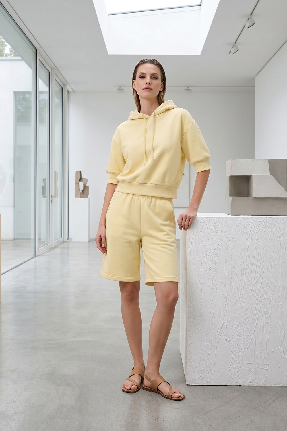 Vivisence Femme Ensemble Short Et Sweat À Capuche Coton Confort À La Maison, banane
