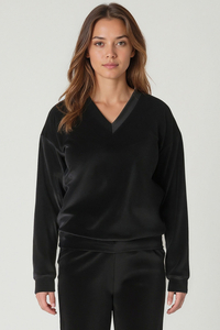 Vivisence Dame Sweatshirt Sporthemd Velvet Velours Alltag Homewear Klassisch Sport Jogging 9002, Schwarz