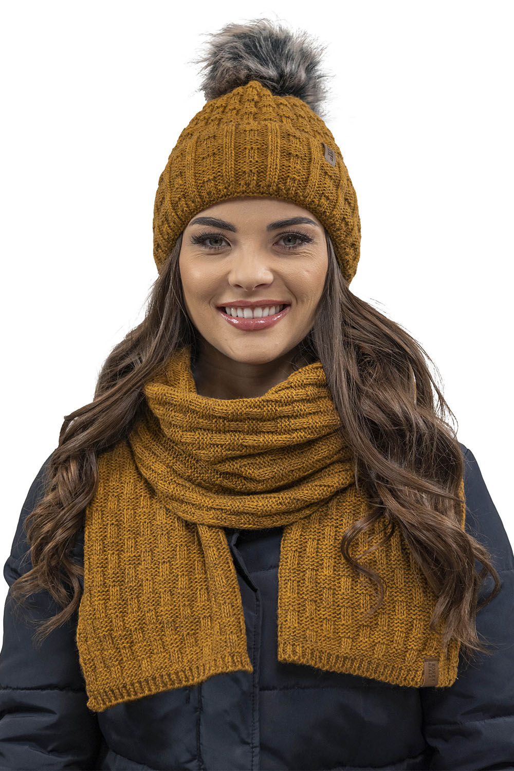 Vivisence Stylish Women's Winter Set Hat With Pompom And Warm Fleece Lining Paired With Classic Matching Scarf Made From Soft And Warm Fabric Perfect For Cold Weather, dark yellow